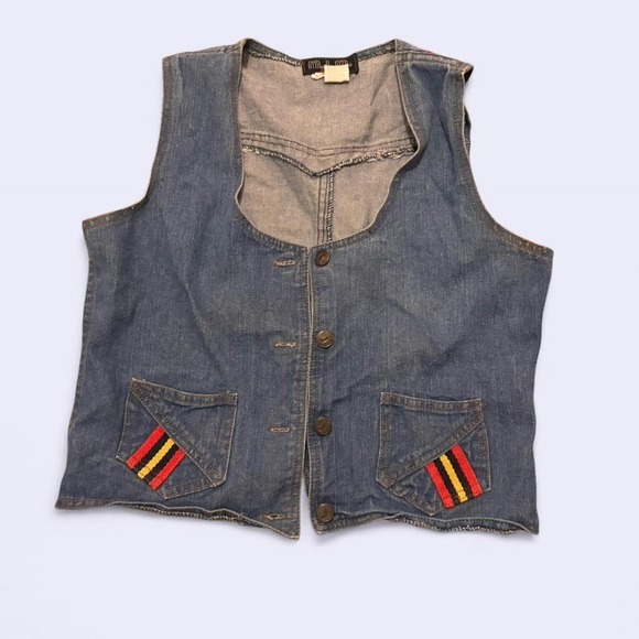 American Vintage Jackets & Blazers - Vintage Blue denim vest with red and yellow striped patches